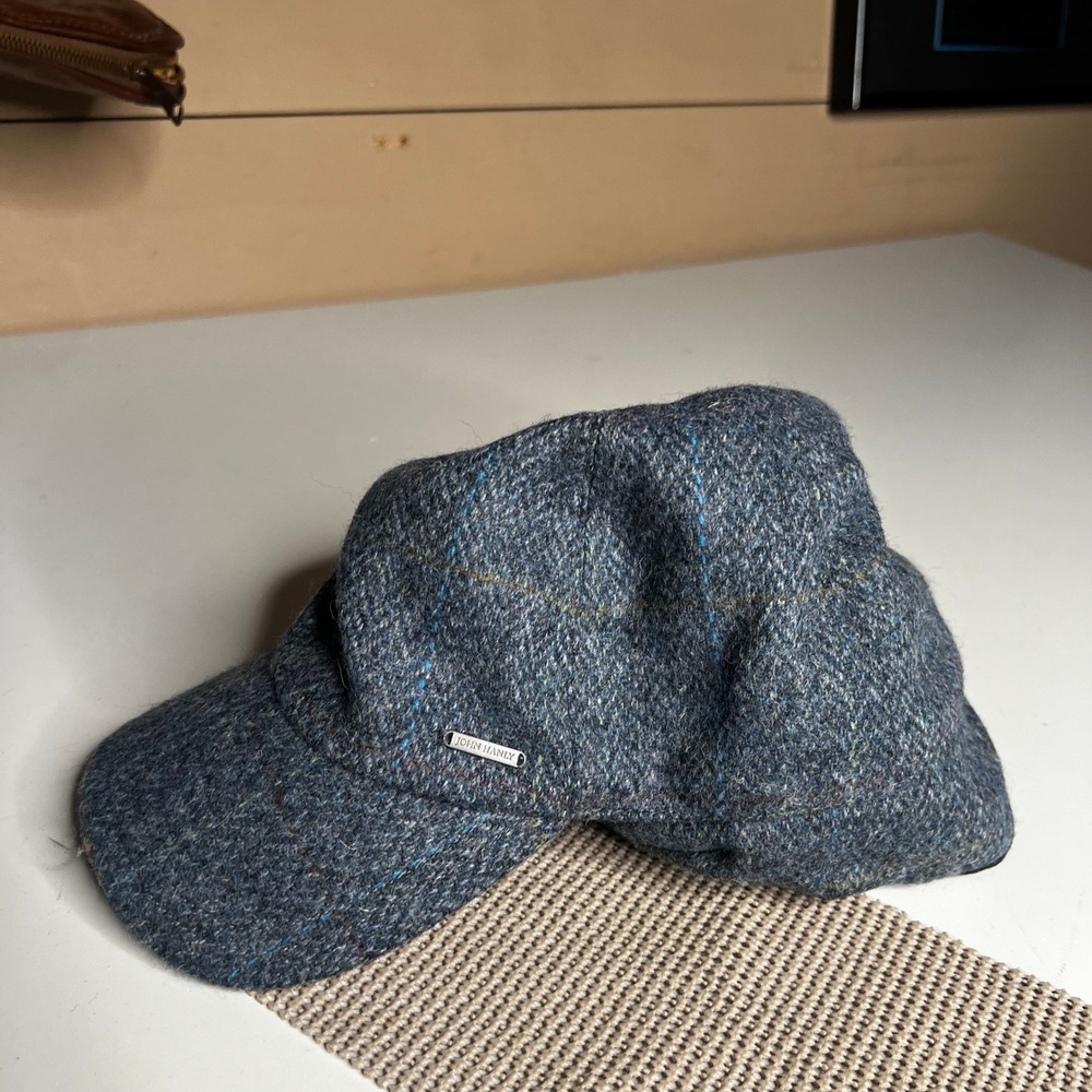 John Hanly Irish Wool Flat Cap Blue Tweed Windowpane Newsboy Hat Size L 60 7 3/8